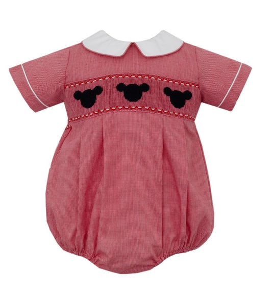 Anavini Baby Boys Red Check Bubble with Collar - Smocked Mouse Ears