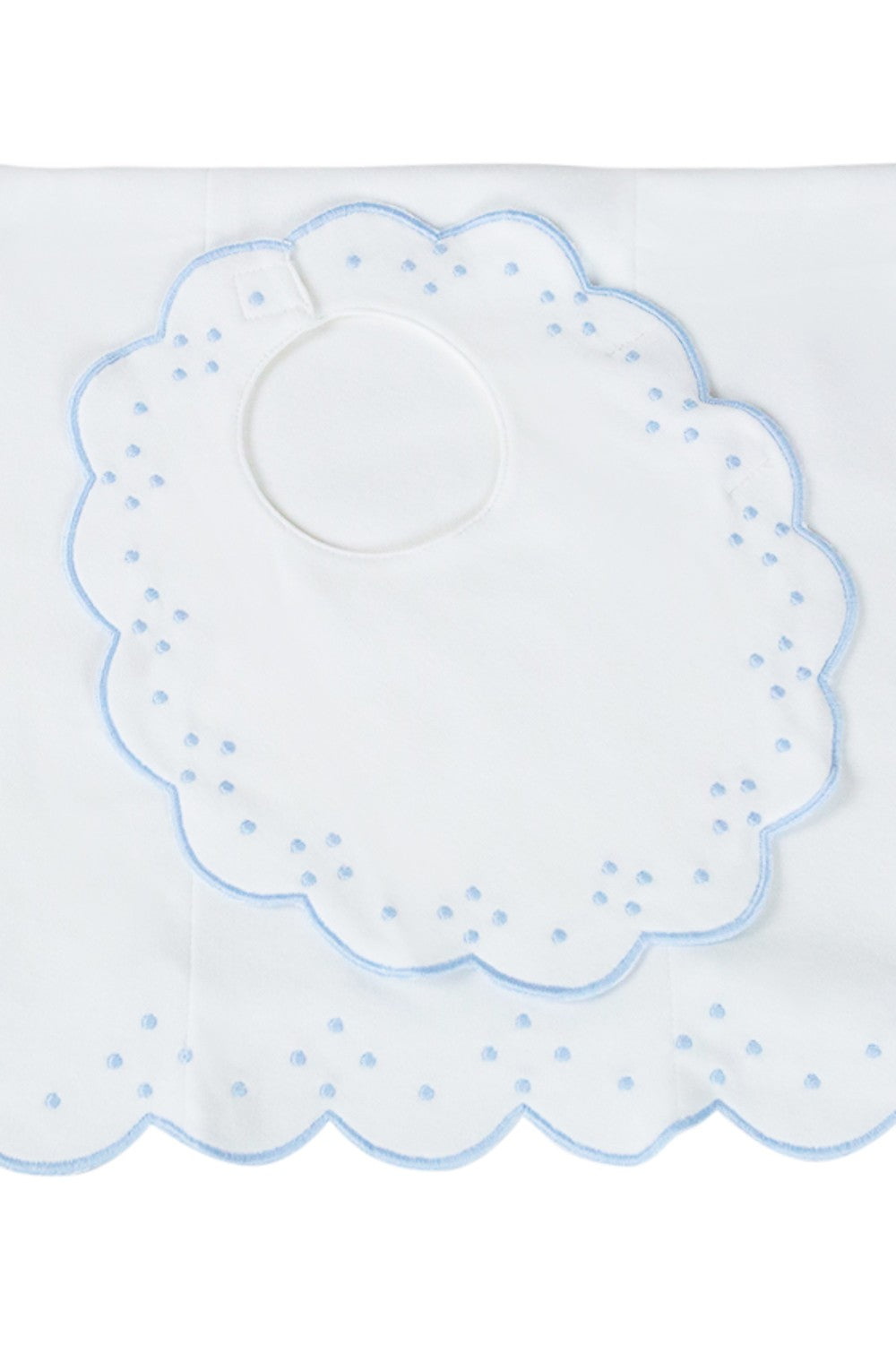The Proper Peony Layette Baby Bib & Burp Cloth Set - White with Scallop Dots Blue
