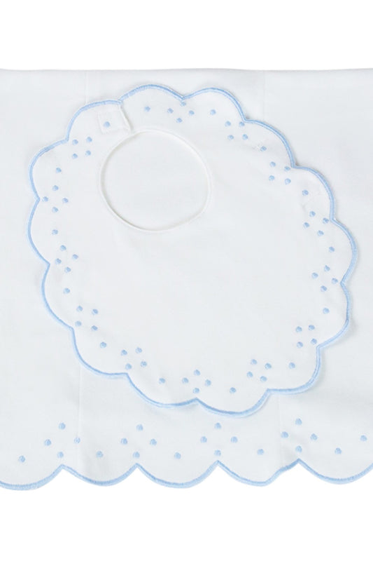 The Proper Peony Layette Baby Bib & Burp Cloth Set - White with Scallop Dots Blue