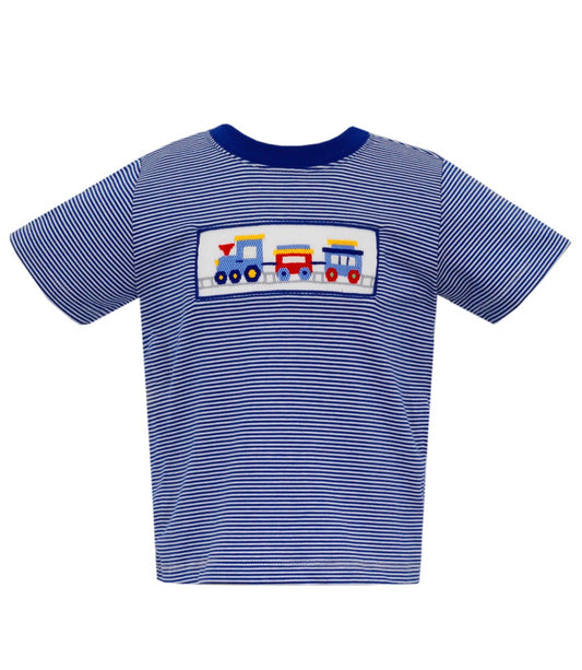 Anavini Velani Boys Navy Blue Stripe Shirt - Smocked Train