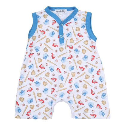 Magnolia Baby Boys Blue Baseball Field of Dreams Sleeveless Short Playsuit