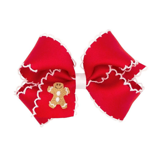 Wee Ones Girls Hair Bow on Clip - Red with Embroidered Gingerbread Boy