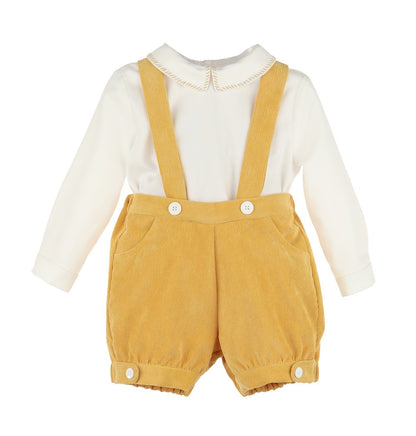 Luli & Me Boys Mustard Yellow Suspender Shorts Set with Shirt