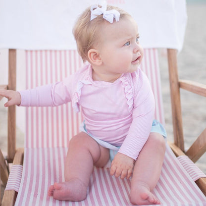 James & Lottie Girls Charlotte Rash Guard Swim Set - Pink Stripe Top with Flamingo Print Ruffle Bottoms