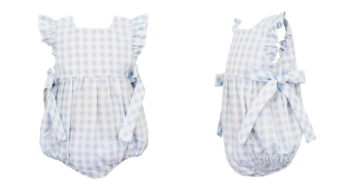 Claire & Charlie Baby Girls Blue Check Bubble - Ruffle Sleeves - Side Bows