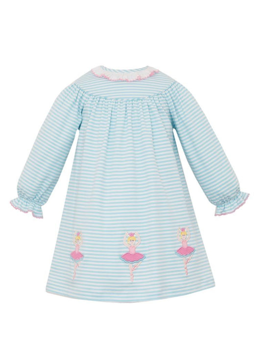 Claire & Charlie Girls Aqua Stripe Knit Dress - Pink Ballerinas Applique by Claire & Charlie