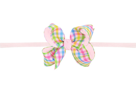 Beyond Creations Girls 1/4" Pantyhose Headband with Attached Bow - Pink Pastels Plaid
