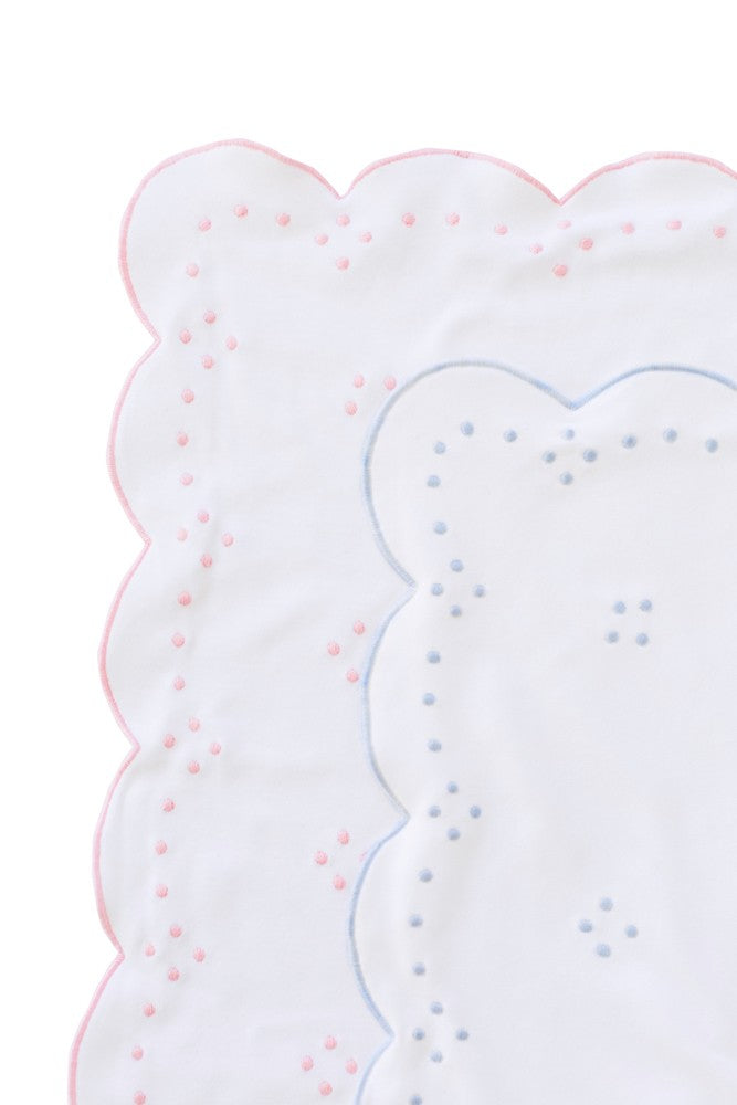 The Proper Peony Layette Baby Receiving Blankets - White with Blue or Pink Embroidery - Scallop Dots