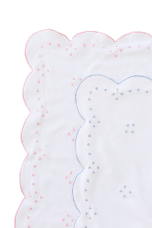 The Proper Peony Layette Baby Receiving Blankets - White with Blue or Pink Embroidery - Scallop Dots