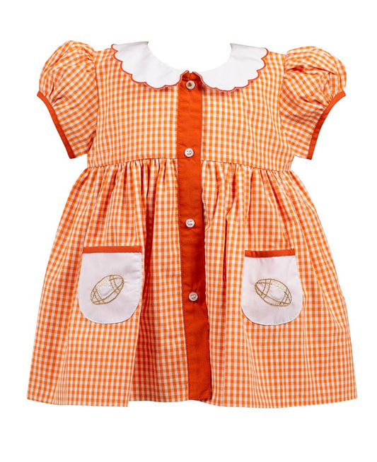 Proper Peony Girls Gingham Football Game Day Dress - Orange
