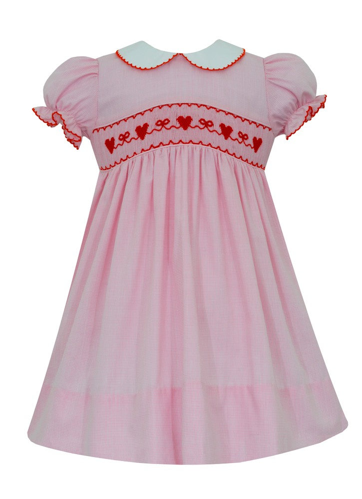 Anavini Girls Pink Gingham Smocked Valentine Hearts Dress - White Collar