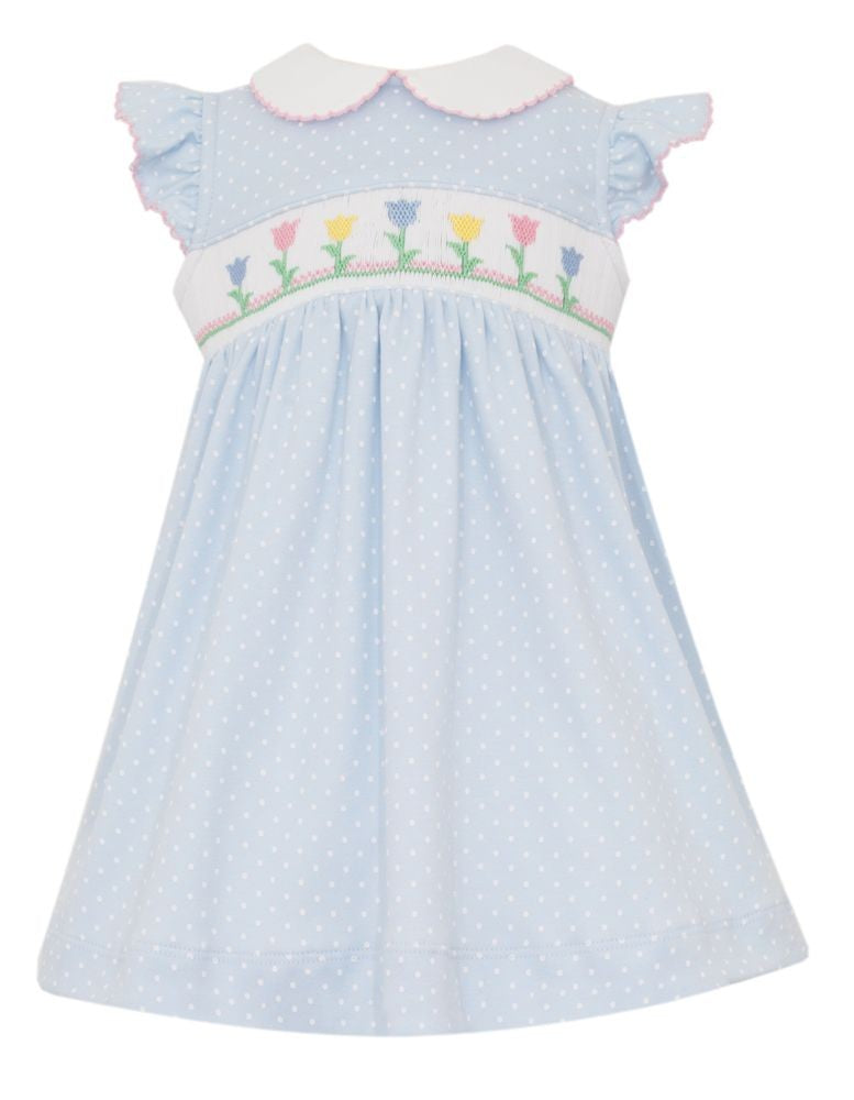 Petit Bebe Knits Girls Blue Dots Smocked Tulips Dress