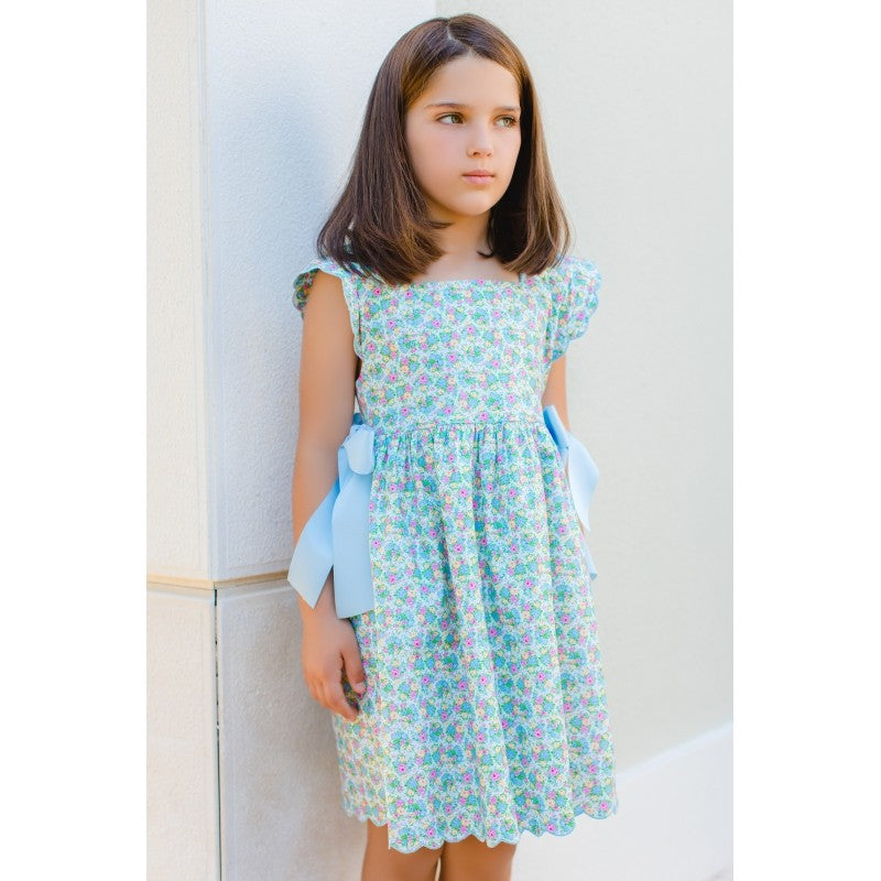 Sal & Pimenta Girls Dress - Multi Color Flower Bouquet - Scallop Hem & Blue Side Bows