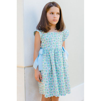 Sal & Pimenta Girls Dress - Multi Color Flower Bouquet - Scallop Hem & Blue Side Bows