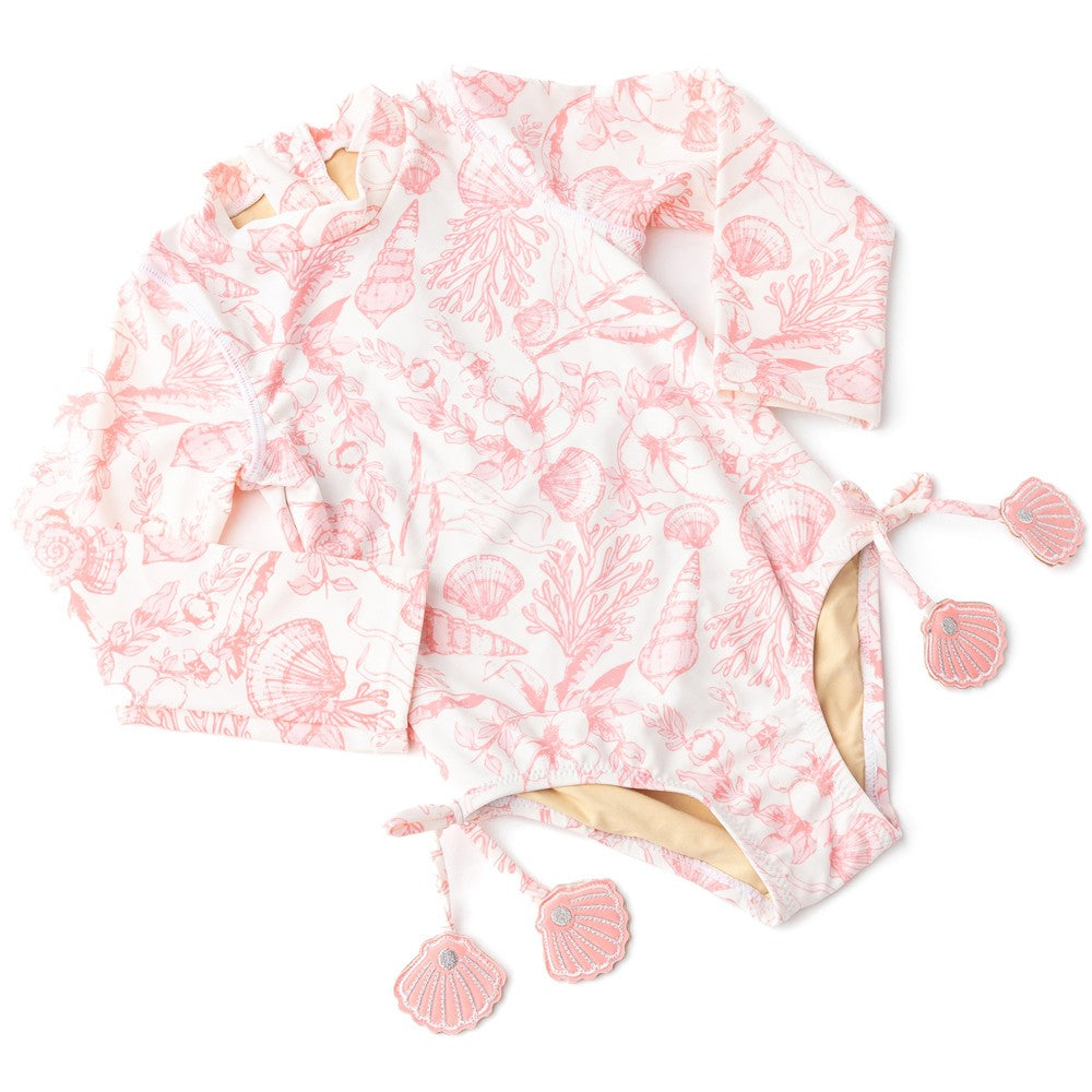 Shade Critters Girls One Piece Long Sleeve Swimsuit - Pink Seaside Shell Toile