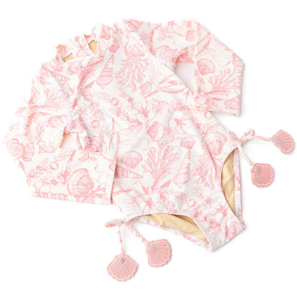 Shade Critters Girls One Piece Long Sleeve Swimsuit - Pink Seaside Shell Toile