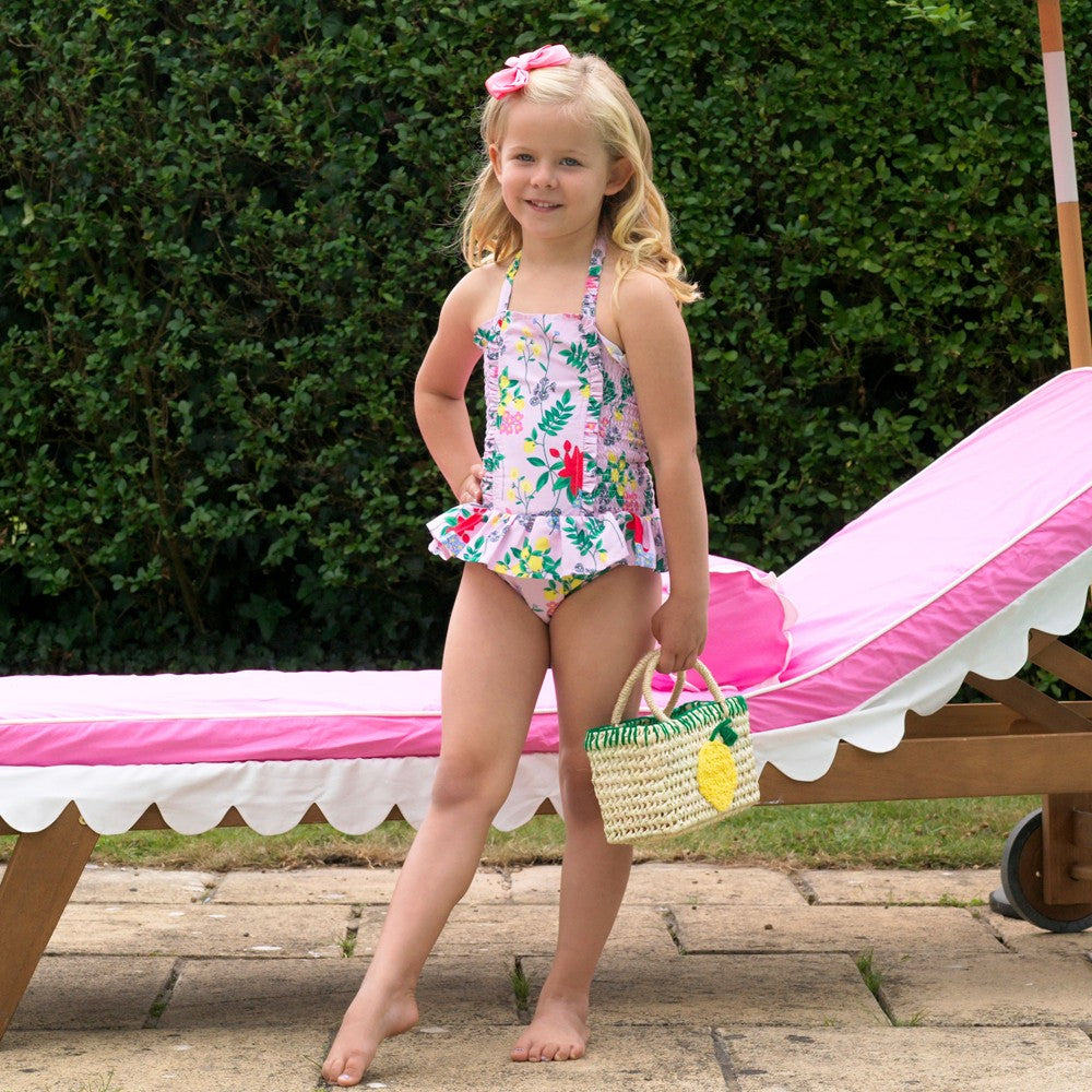Rachel Riley London Girls Pink Botanical Floral Ruched Ruffle Swimsuit