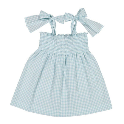 Sal & Pimenta Girls Smocked Dress with Ties - Capri Blue Gingham