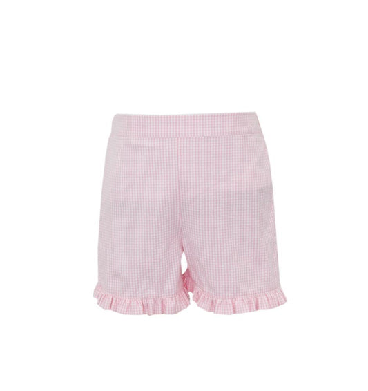 Claire & Charlie Girls Ruffle Shorts - Pink Gingham Seersucker by Claire & Charlie
