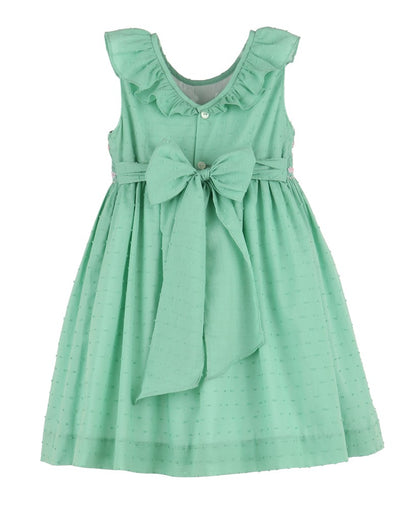 Luli & Me Girls Classic Dotted Swiss Sleeveless Smocked Dress - Ruffle Neck - Aqua