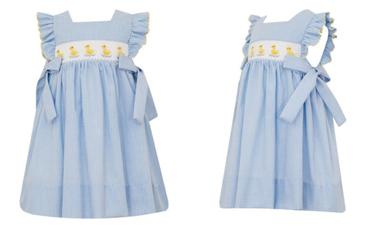 Petit Bebe Girls Blue Check Dress with Side Bows - Smocked Ducks