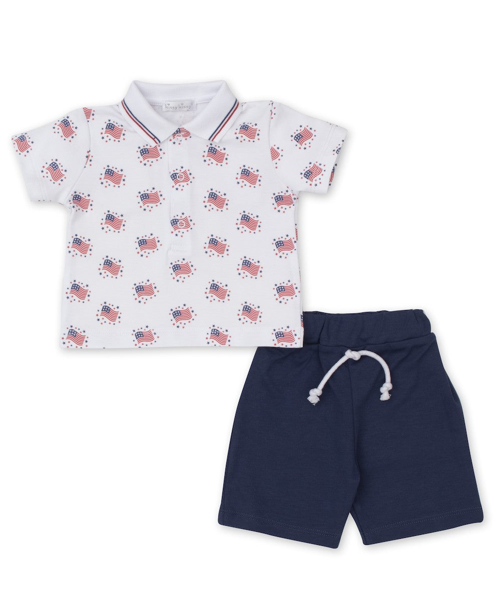 Kissy Kissy Boys Essence of America Patriotic Flags Polo Shirt with Navy Blue Shorts