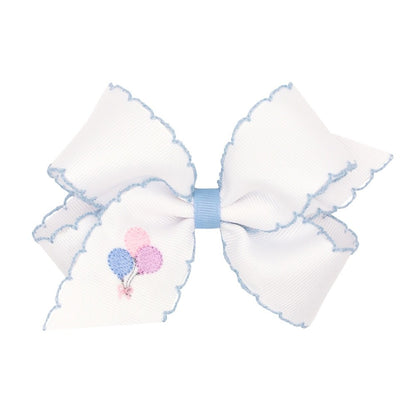 Wee Ones Girls Hair Bow on Clip - White with Blue Moonstitch - Birthday Balloons