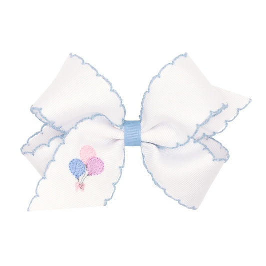 Wee Ones Girls Hair Bow on Clip - White with Blue Moonstitch - Birthday Balloons
