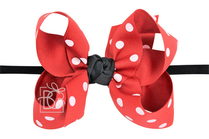 Beyond Creations Girls 1/4" Black Pantyhose Headband with Attached Bow - Red with White Dots