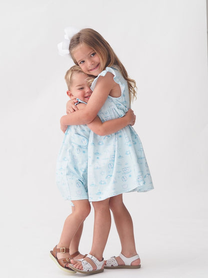 Cypress Row Girls Blue Dress - Seacrest Blue Beach Toile