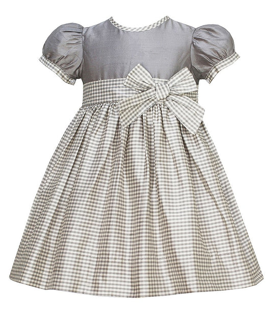 Anavini Couture Girls Grey Check Silk Holiday Party Dress with Big Bow Sash