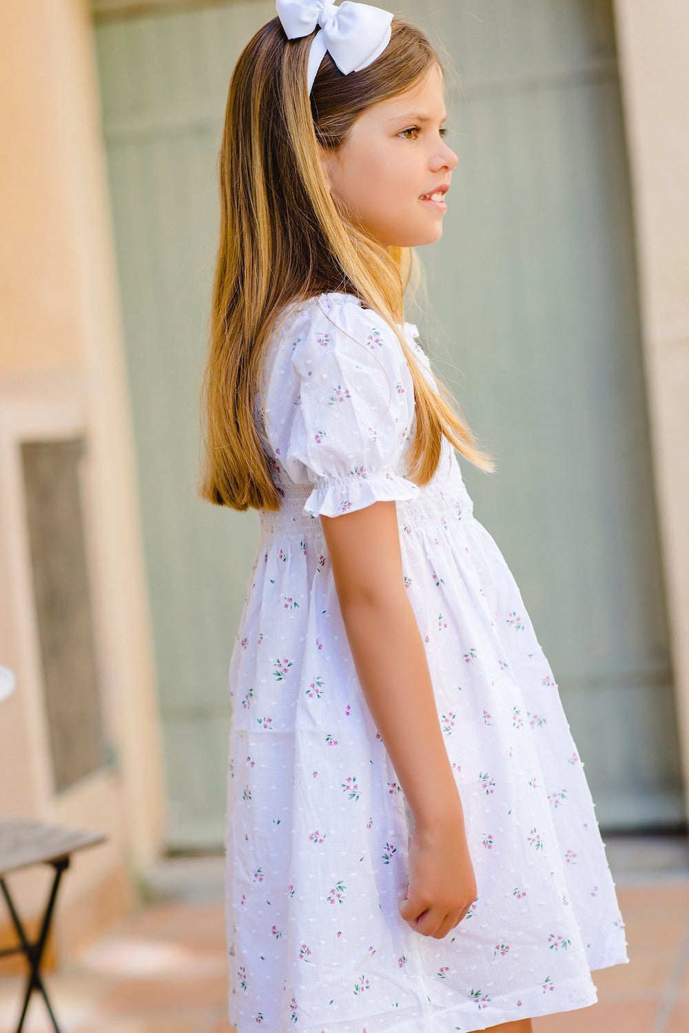 Sal & Pimenta Girls Frilly Smocked Dress - White Dotted Swiss Floral