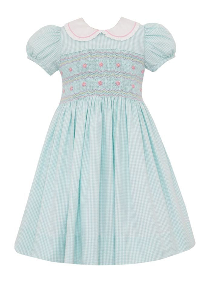 Anavini Couture Girls Aqua Check Seersucker Smocked Dress with Collar