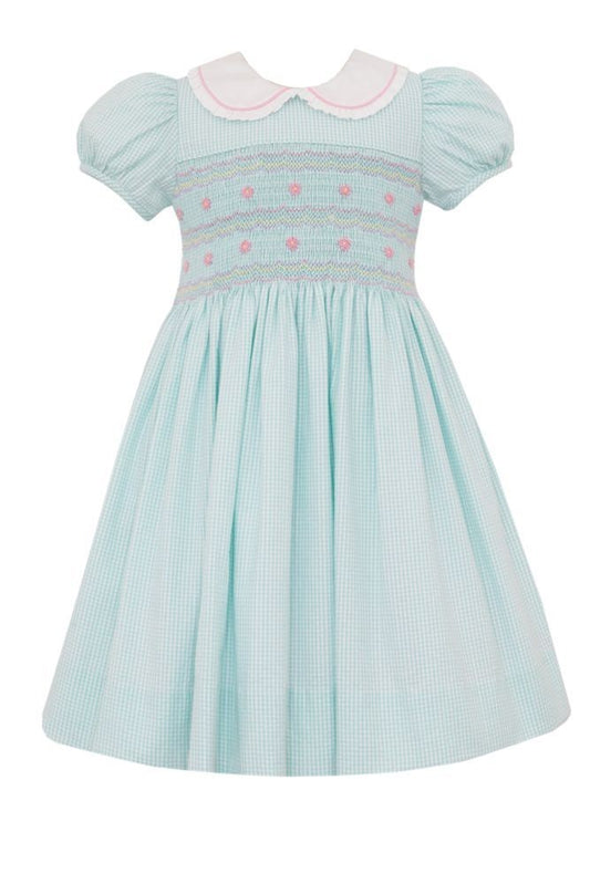 Anavini Couture Girls Aqua Check Seersucker Smocked Dress with Collar