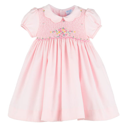Luli & Me Girls Bouquet Smocked Dress - Scallop Collar - Pink