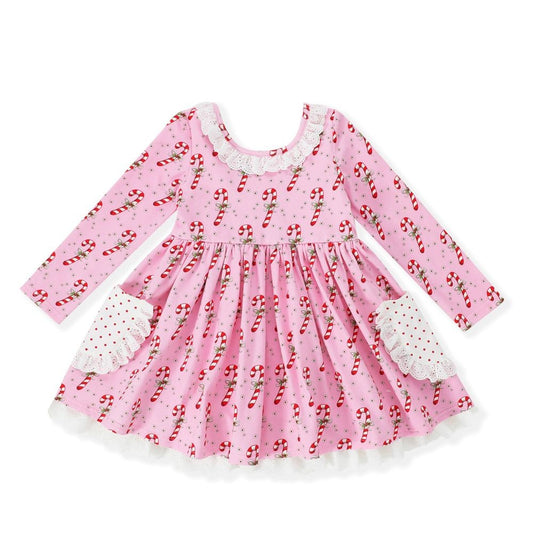 Swoon Baby Girls Eyelet Trim Pocket Dress - Pink Candy Canes Print