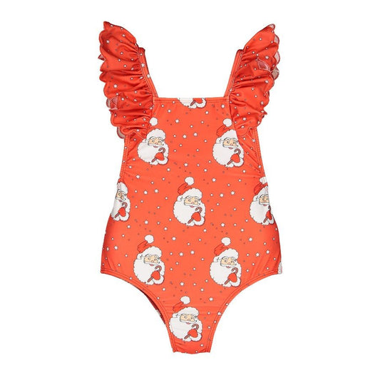 Sal & Pimenta Girls Christmas Swimsuit - Back Bow - Red Santa Glows