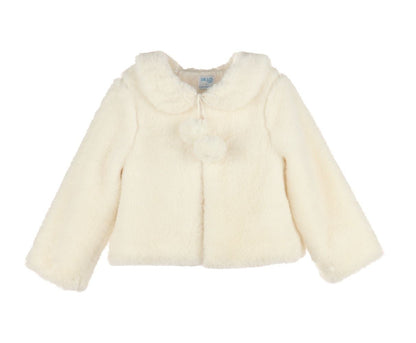 Luli & Me Girls Ivory Cozy Fuzzy Faux Fur Coat - Pom Poms