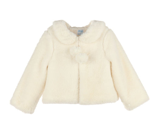 Luli & Me Girls Ivory Cozy Fuzzy Faux Fur Coat - Pom Poms