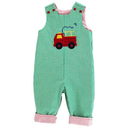 Bailey Boys Reversible Longall - Red with Santa Reverses to Green Check with Fire Truck
