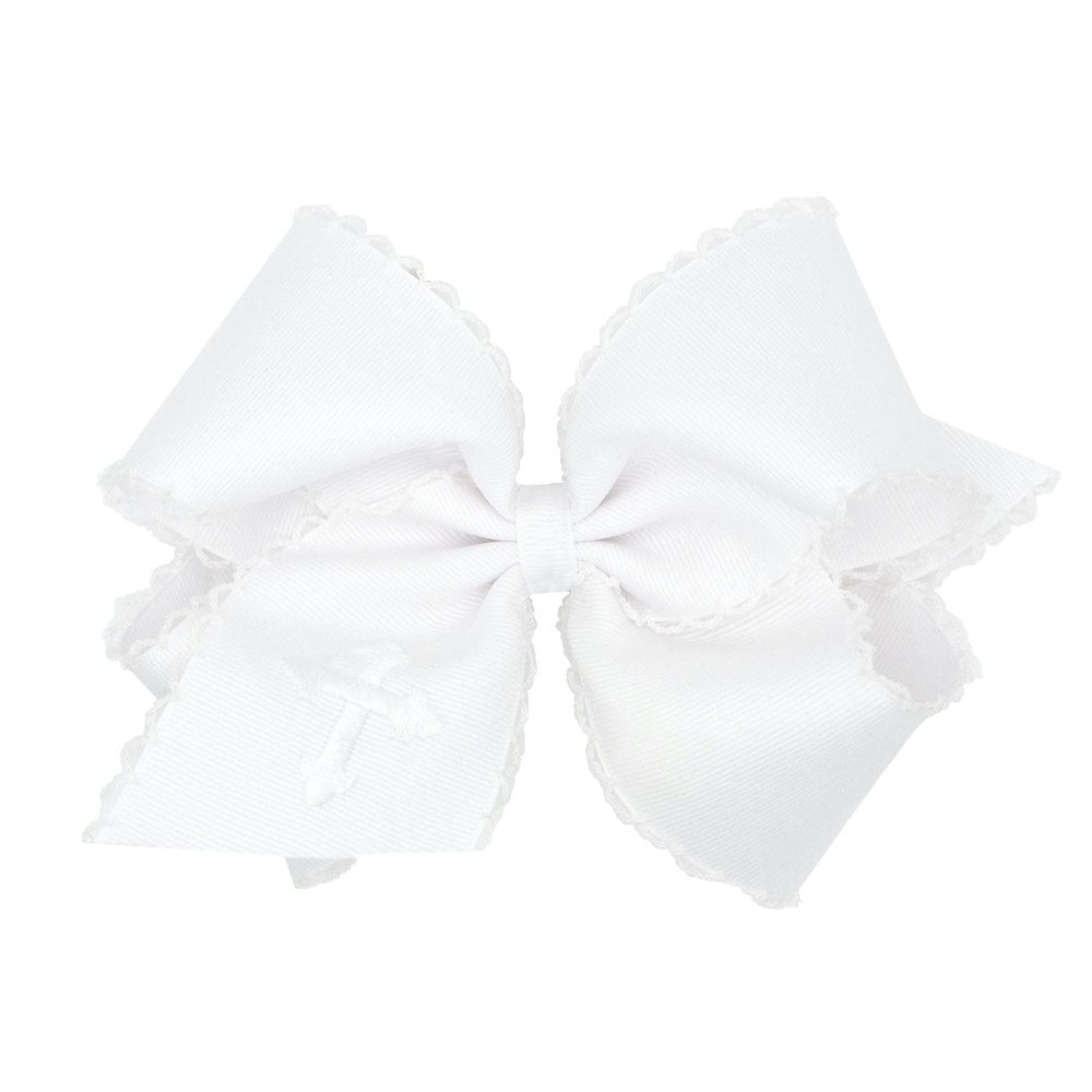 Wee Ones Girls Monotone Moonstitch Bow - White with Embroidered Cross - White