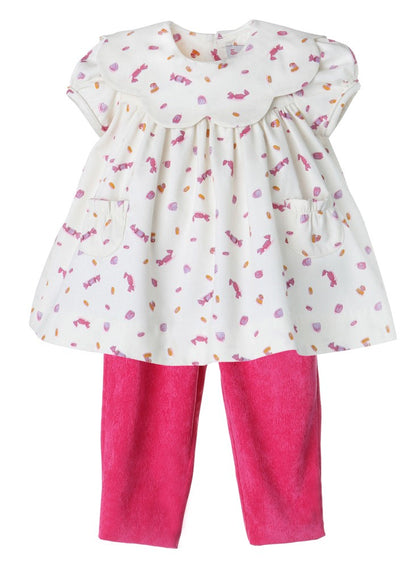 Sophie & Lucas Girls Fuchsia Pink Cord Pants with Corduroy Candy Print Scallop Top