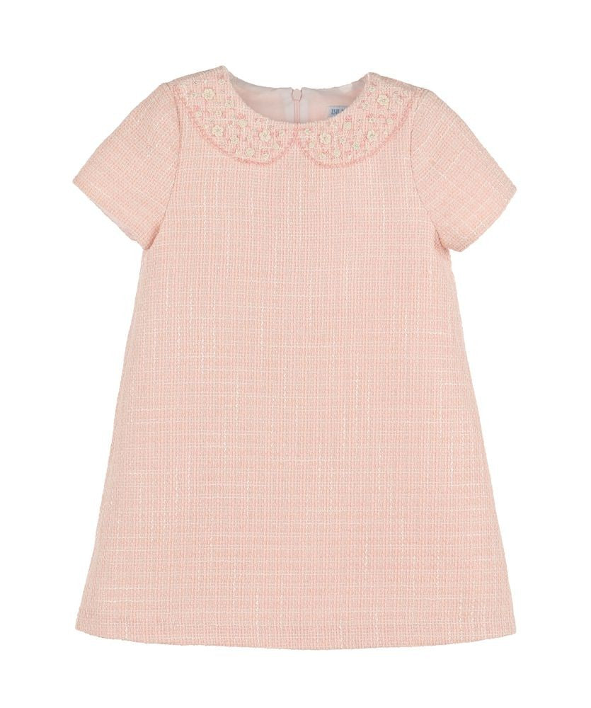 Luli & Me Girls Embroidery Collar Tweed A-Line Dress - Pink