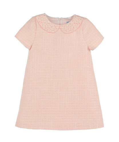 Luli & Me Girls Embroidery Collar Tweed A-Line Dress - Pink