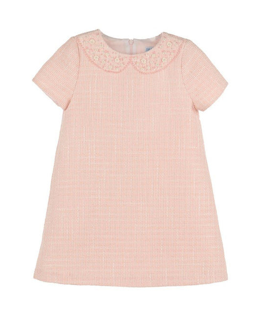 Luli & Me Girls Embroidery Collar Tweed A-Line Dress - Pink