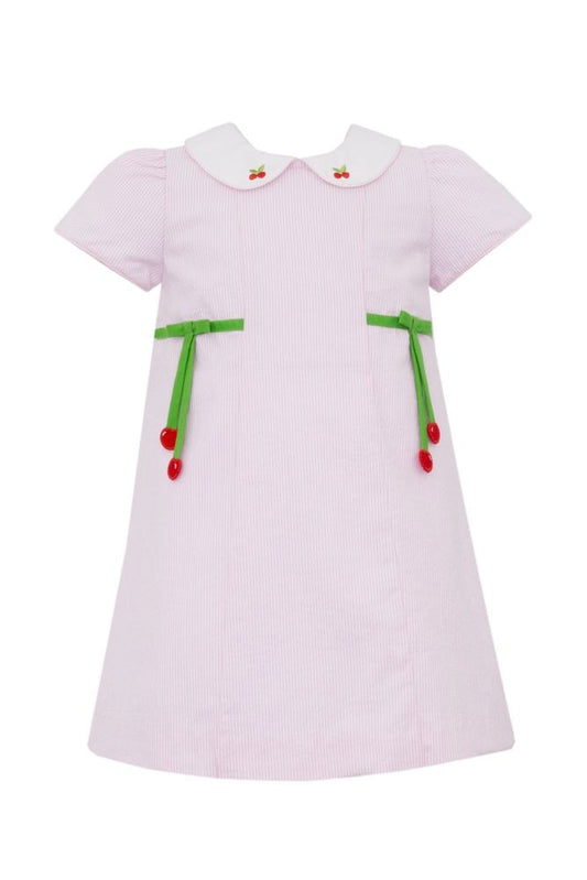 Claire & Charlie Girls Pink Stripe Seersucker Dress - Cherry Ties & Collar