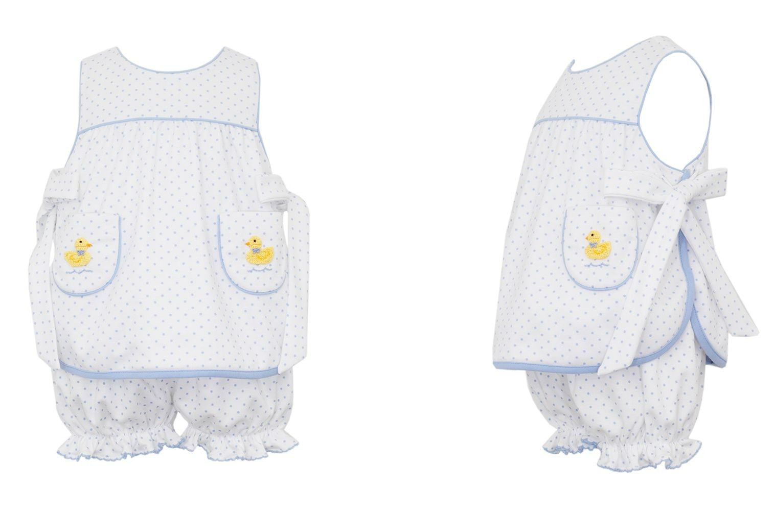 Petit Bebe Knits Girls White / Blue Dots Ducks Bloomers Set - Side Bows