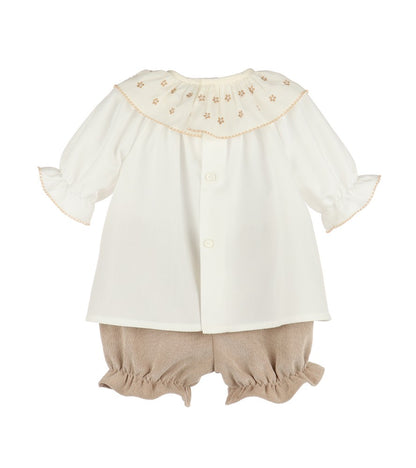 Luli & Me Girls Winterberry Cord Embroidered Bloomers Set - Tan