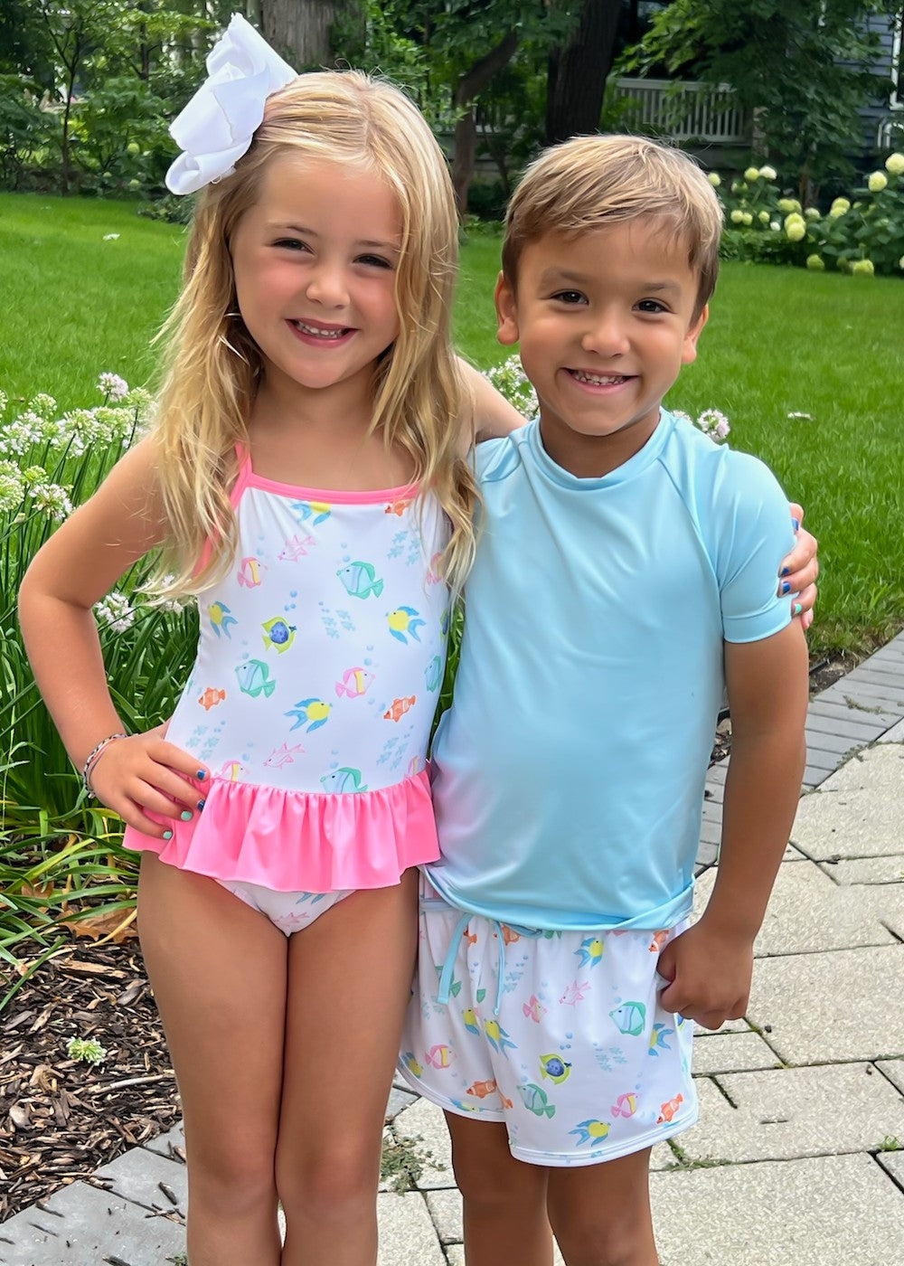 James & Lottie Girls Lainey Skirted Swimsuit - Pink O'Fishally Fish Print