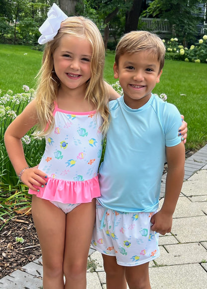 James & Lottie Girls Lainey Skirted Swimsuit - Pink O'Fishally Fish Print